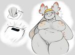  2022 accessory anthro areola belly big_belly big_breasts blush blush_lines bodily_fluids breasts chelle_(plantedpot) female floppy_ears flustered fur generation_8_pokemon genitals grey_background hair_accessory hairband hi_res highlights_(coloring) lagomorph lop_ears mammal navel nintendo nipples nude obese obese_female overweight overweight_female plantedpot pokemon pokemon_(species) portrait pussy raboot red_body red_fur red_highlights simple_background solo sweat thick_thighs three-quarter_portrait video_games weighing_scale white_background white_body white_fur 