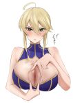  1girl ahoge artoria_pendragon_(fate) artoria_pendragon_(lancer)_(fate) bangs blonde_hair blush breasts chinetsu15 cleavage_cutout clothing_cutout commentary english_commentary fate/grand_order fate_(series) green_eyes highres large_breasts leotard looking_at_viewer parted_lips simple_background solo spread_cleavage steaming_body sweat sweating_profusely translation_request white_background 