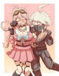  &gt;_&lt; 1boy 1girl ahoge android antenna_hair bangs barbed_wire black_choker black_footwear blush boots bow bowtie breasts choker cleavage closed_eyes collarbone danganronpa_(series) danganronpa_v3:_killing_harmony feeding food fork goggles goggles_on_head hakusoto holding holding_fork iruma_miu keebo knee_boots large_breasts miniskirt o-ring pasta pink_background pink_shirt pink_skirt pleated_skirt shirt skirt spaghetti 