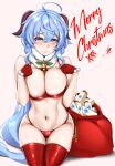  1girl absurdres ahoge areola_slip bare_shoulders bell bikini blue_hair blush breasts christmas closed_mouth cowbell fur_collar ganyu_(genshin_impact) genshin_impact gloves goat_horns groin hands_up highres horns kneeling large_breasts long_hair low_ponytail merry_christmas micro_bikini navel neck_bell pom_pom_(clothes) purple_eyes raised_eyebrows red_bikini red_thighhighs sack santa_bikini santa_gloves signature simple_background solo stomach swimsuit thighhighs thighs very_long_hair wavy_hair xkit 