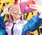  1girl bangs black_necktie blonde_hair blood blood_on_clothes blood_on_face blue_jacket chainsaw chainsaw_man claw_pose collared_shirt cross-shaped_pupils graffiti hair_between_eyes holding holding_phone horns jacket long_hair looking_at_object moroi necktie open_mouth phone pink_nails pochita_(chainsaw_man) power_(chainsaw_man) red_horns selfie sharp_teeth shirt smile solo sticker symbol-shaped_pupils taking_picture teeth white_shirt yellow_eyes 