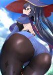 1girl absurdres ass ass_focus back black_hair blue_leotard blue_sky brown_pantyhose bush capelet close-up cloud commentary_request elbow_gloves from_behind from_below genshin_impact gloves gold_trim hat highres leotard long_hair looking_at_viewer looking_back mona_(genshin_impact) outdoors pantyhose sana!rpg shoulder_blades sky solo sparkle_print standing star_(sky) starry_sky thighlet twintails witch_hat 