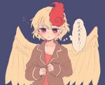  1girl bird_wings blonde_hair brown_jacket buttons collarbone feathered_wings hair_between_eyes itomugi-kun jacket long_sleeves multicolored_hair niwatari_kutaka open_clothes open_jacket parted_lips red_eyes red_hair short_hair solo thought_bubble touhou translation_request two-tone_hair upper_body wings yellow_wings 