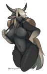  2022 absurd_res anthro backpack biped black_body black_fur blonde_hair blush breasts digital_media_(artwork) elden_ring equid equine featureless_breasts featureless_crotch female fromsoftware fur green_eyes grey_body grey_fur hair hand_on_hip hi_res horse long_hair mammal mocha-wing simple_background solo torrent_(elden_ring) video_games white_background 