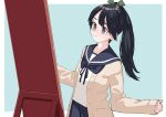  1girl alternate_costume black_hair blue_neckerchief blue_sailor_collar blue_skirt cardigan commentary_request cosplay cowboy_shot fubuki_(kancolle) fubuki_(kancolle)_(cosplay) grey_eyes houshou_(kancolle) itou_ebiko kantai_collection looking_at_mirror mirror neckerchief pleated_skirt ponytail sailor_collar school_uniform serafuku skirt solo 