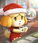  1girl animal_crossing blurry blurry_background blush blush_stickers book chair christmas christmas_lights coffee_mug commentary_request cup dog_girl dress drink fur-trimmed_headwear fur_trim furry furry_female gonzarez hat highres holding holding_cup indoors isabelle_(animal_crossing) mug night on_chair open_book open_mouth pom_pom_(clothes) red_dress red_headwear santa_costume santa_hat short_sleeves sitting snow snow_globe snowing snowman solo steam table tree window yellow_fur 