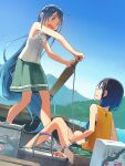  2girls alternate_costume bangs basket black_hair blue_eyes blue_hair blue_sky boat box cloud commentary_request day dutch_angle feet_out_of_frame flat_chest gradient_hair green_eyes green_skirt kantai_collection kusakabe_(kusakabeworks) long_hair mountain multicolored_hair multiple_girls outdoors samidare_(kancolle) shirt skirt sky sleeveless sleeveless_shirt suzukaze_(kancolle) swept_bangs translation_request very_long_hair watercraft white_shirt yellow_shirt 