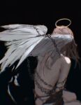  1boy absurdres angel_devil_(chainsaw_man) angel_wings black_background blurry brown_hair chain chained chainsaw_man chromatic_aberration dark_background falling_feathers feathered_wings halo highres long_hair looking_away nenem_(kimnenemmm_art) simple_background solo topless_male white_wings wings 