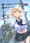  1girl :3 blonde_hair blue_bow bow breasts cloud dutch_angle earrings green_eyes jewelry keepout large_breasts looking_at_viewer midriff miniskirt navel original petals pleated_skirt railroad_crossing school_uniform short_hair skirt sky solo stud_earrings wind 
