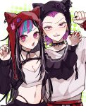  1boy 1girl :o alternate_costume animal_ears arm_up bangs black_choker black_hair black_headwear black_jacket black_nails black_skirt blue_hair breasts choker cleavage clenched_hand crop_top cropped_jacket danganronpa_(series) danganronpa_2:_goodbye_despair fake_animal_ears hands_up hat_ornament highleg highleg_panties highres jacket large_breasts long_sleeves midriff mioda_ibuki mouth_piercing nail_polish navel navel_piercing open_clothes open_jacket panties piercing pink_eyes pink_hair red_nails sharp_teeth shirt skirt souda_kazuichi spiked_choker spikes teeth underwear white_hair white_shirt yumachansan 