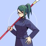  1girl absurdres bangs black_jacket blue_background glasses green_hair hand_on_hip highres holding holding_polearm holding_weapon jacket jujutsu_kaisen jujutsu_tech_uniform looking_at_viewer medium_hair polearm ponytail round_eyewear simple_background single_sidelock smile solo swept_bangs timtam weapon zen&#039;in_maki 