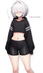  1girl ahoge arc_9_(mikoscrub) bike_shorts black_hoodie black_shorts blush closed_mouth english_text feet_out_of_frame grey_hair hair_over_eyes highres hood hoodie midriff mikoscrub navel original short_hair shorts simple_background sleeves_past_wrists solo stomach white_background 