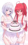  2girls @_@ apron birthday_cake blue_eyes breasts cake food highres himeji_shirayuki honyuuruinomoto large_breasts liar_liar long_hair maid_headdress medium_breasts multiple_girls red_eyes red_hair sarasa_saionji short_hair_with_long_locks white_hair 