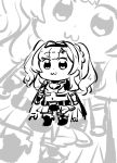  1girl :3 armor belt bikini_armor bkub_(style) boots chibi granblue_fantasy hair_intakes hairband highres monochrome navel parody poptepipic scarf shimatani_azu style_parody twintails zeta_(granblue_fantasy) 