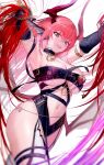  1girl armlet armpits bangs beltbra black_collar breasts collar demon_girl demon_horns earrings elbow_gloves evil_grin evil_smile gloves grin heterochromia highres horns jewelry large_breasts looking_at_viewer navel original red_hair short_hair sidelocks smile solo thigh_strap thighs very_short_hair white_background yjs0803123 