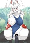  absurd_res anthro big_breasts blue_eyes bodily_fluids breasts censor_bar clitoris clothed clothing clothing_aside crouching dildo dildo_in_pussy dildo_insertion eyewear female fur genital_fluids genitals glasses hair hi_res holding_breast jacket kemono lagomorph legwear lemoco leporid mammal nipples one-piece_swimsuit one_breast_out open_mouth open_smile outside park penetration pink_nipples plant praline_(mizugi_bnuuy) pussy pussy_juice pussy_juice_on_dildo pussy_juice_on_hand rabbit round_glasses sex_toy sex_toy_in_pussy sex_toy_insertion smile solo stockings swimwear swimwear_aside thick_thighs topwear tree vaginal vaginal_penetration white_body white_fur white_hair 