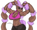  abs anthro bottomwear bra brown_body brown_fur clever clothing cotton_tail female flexing_bicep fur generation_4_pokemon hi_res lopunny muscular nintendo pants pink_body pink_fur pokemon pokemon_(species) pubes rosie_the_lopunny_(candygurl) snackcracker solo sports_bra underwear video_games yoga_pants 