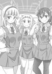  3girls arashi_chisato arm_up arms_behind_back bangs blunt_bangs blush breasts check_commentary closed_mouth commentary commentary_request double_bun greyscale hair_between_eyes hair_bun hairband hand_on_headphones hand_on_hip headphones headphones_around_neck heanna_sumire large_breasts long_hair looking_at_viewer love_live! love_live!_superstar!! marugoshi_teppei medium_breasts medium_hair monochrome multiple_girls pantyhose school_uniform shibuya_kanon small_breasts smile train_interior yuigaoka_school_uniform 