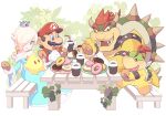  1girl 3boys aqua_dress armlet bandana bangs bare_shoulders bench blonde_hair blue_eyes blue_gemstone blue_hair blush bowser bowser_jr. bracelet bright_pupils brooch brown_eyes brown_hair bush claws closed_mouth coffee coffee_cup collar collarbone commentary_request crown cup disposable_cup doughnut dress drinking_straw earrings eating eyelashes facial_hair fang father_and_son food frilled_sleeves frills full_body gem gloves hair_over_one_eye hand_up hat holding holding_cup holding_food horns hoshikuzu_pan jewelry lips long_hair long_sleeves looking_at_another looking_down luma_(mario) mario mario_(series) multiple_boys mustache off-shoulder_dress off_shoulder on_bench one_eye_covered open_mouth overalls parted_bangs pink_gemstone plate red_eyes red_hair red_headwear red_shirt rosalina shell shirt short_hair sidelocks simple_background sitting smile sparkle spiked_armlet spiked_bracelet spiked_shell spiked_tail spikes star_(symbol) star_earrings swept_bangs table tail teeth turtle_shell upper_teeth_only v-shaped_eyebrows white_background white_bandana white_gloves white_pupils wide_sleeves 