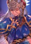  1girl armor breastplate breasts closed_eyes feathers helmet hungry_clicker lenneth_valkyrie lips long_hair medium_breasts shoulder_armor solo valkyrie_profile 