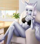  alice_destiny anthro arctic_fox canid canine chair credow crossed_legs desk female fox furniture hair hand_in_hair mammal plant ponytail solo table touching_hair white_hair 