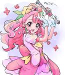  1girl back_bow bangs blush bow cure_grace earrings flower gloves hair_flower hair_ornament hanadera_nodoka healin&#039;_good_precure healing_wand high_ponytail highres jewelry leaf_earrings long_hair looking_at_viewer magical_girl pink_bow pink_eyes pink_hair pre221b precure short_hair smile solo tiara white_gloves wide_ponytail 