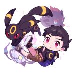  1boy absurdres backpack bag black_hair black_shirt brown_shorts chandelure character_request chibi closed_mouth floating full_body hamster highres long_sleeves looking_at_viewer pokemon pokemon_(creature) red_eyes shirt shoes short_hair shorts smile tewo_(tewowet) umbreon white_background zorua 