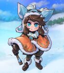  1girl :o bangs blush brown_capelet brown_footwear brown_gloves brown_hair capelet flute full_body fur-trimmed_capelet fur_trim genderswap genderswap_(mtf) gloves green_eyes green_hood holding holding_instrument instrument league_of_legends nunu_(league_of_legends) outdoors phantom_ix_row snow snowing solo standing tree 