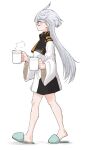  1girl ahoge asticassia_school_uniform borrowed_garments closed_mouth coffee_mug cup from_side grey_eyes grey_hair gundam gundam_suisei_no_majo hair_between_eyes highres holding holding_cup jacket long_hair long_sleeves looking_ahead miorine_rembran mug no_pants rin_douannon school_uniform simple_background slippers solo walking white_background white_jacket wide_sleeves 