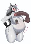  &lt;3 anthro areola balls biped blush bodily_fluids breasts canid canid_demon canine demon duo female genital_fluids genitals grey_body half-erect hellhound helluva_boss hi_res im51nn5 loona_(helluva_boss) male mammal navel navel_piercing nipple_clamp nipples open_mouth penis piercing precum pregnant pussy red_sclera simple_background tongue tongue_out white_background white_body 