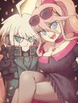  1boy 1girl :d ahoge android armor bangs blonde_hair breasts choker cleavage collarbone danganronpa_(series) danganronpa_v3:_killing_harmony dress eyewear_on_head fang green_eyes grey_hiar hair_ornament hakusoto iruma_miu jewelry keebo large_breasts long_hair looking_at_viewer medium_hair necklace ponytail power_armor purple_dress smile sunglasses teeth tongue upper_teeth_only v 