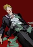  1boy 3367e black_jacket black_pants blonde_hair formal highres jacket lipstick lipstick_mark looking_away lying makeup male_focus mob_psycho_100 money necktie on_back open_mouth pants pink_necktie red_background reigen_arataka shirt solo suit 