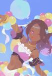  +_+ 1girl ;d arm_up balloon bangs bare_shoulders black_sleeves blue_background blue_flower bracelet breasts brown_hair circlet dark-skinned_female dark_skin detached_sleeves eyelashes eyeliner fire_emblem fire_emblem_engage flower hair_flower hair_ornament highres jewelry long_hair makeup medium_breasts navel necklace one_eye_closed open_mouth parted_bangs pink_eyeliner pink_eyes ponytail short_sleeves simple_background skirt smile solo timerra_(fire_emblem) virno wide_sleeves 