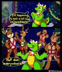  2022 absurd_res antlers blush christmas christmas_tree comic deer dragon english_text flexing harness hi_res holidays horn looking_at_viewer mammal ohfourmouse plant text tree 