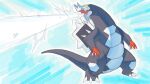  baxcalibur blue_background blue_skin claws colored_skin dragon fangs ice laser light_blue_background long_tail no_humans outdoors pokemon pokemon_(creature) pokemon_(game) pokemon_sv skin_fangs tail water yellow_eyes yokaiju1 