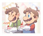  2boys antenna_hair blowing blowing_candle blue_eyes blue_pants blush book bookshelf border brothers brown_hair buttons cake cake_slice candle closed_eyes commentary_request fire flag flame food fruit gloves green_shirt holding holding_plate hoshikuzu_pan indoors long_sleeves looking_at_another luigi male_focus mario mario_(series) multiple_boys no_headwear outside_border overalls pants pennant plate red_shirt shirt short_hair siblings strawberry sweatdrop upper_body white_border white_gloves 