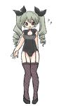  1girl ? ?? alternate_costume anchovy_(girls_und_panzer) arm_behind_back bangs black_footwear black_leotard black_ribbon black_thighhighs brown_eyes cleavage_cutout clothing_cutout commentary drill_hair fishnet_thighhighs fishnets garter_straps girls_und_panzer green_hair hair_ribbon highres leotard lingerie long_hair looking_at_viewer open_mouth ri_(qrcode) ribbon shoes simple_background sleeveless smile solo standing sweatdrop thighhighs twin_drills twintails underwear white_background 