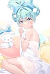  1girl bangs bare_arms blue_bow blue_eyes blue_hair borrowed_hairstyle bow cinnamiku cinnamoroll closed_mouth dress folded_twintails hair_between_eyes hair_bow hatsune_miku highres long_hair looking_at_viewer nightgown pillow shiny shiny_hair short_dress sleepwear sleeveless sleeveless_dress solo tied_ears umireki vocaloid white_dress 