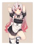  1girl alternate_costume arms_behind_head arms_up artist_name black_dress blush choker dakuryuu dress enmaided fang gradient_hair highres hololive horn_ornament horn_ribbon horns looking_at_viewer maid maid_headdress mary_janes multicolored_hair nakiri_ayame oni oni_horns pink_hair red_eyes ribbon shoes signature skin_fang solo spoken_blush streaked_hair thick_thighs thighs virtual_youtuber wavy_hair white_hair 