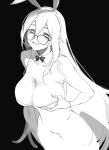  1girl akane_(blue_archive) akane_(bunny)_(blue_archive) animal_ears bangs blue_archive bow bowtie breasts detached_collar fake_animal_ears glasses gloves greyscale hair_between_eyes highres kawatiw large_breasts leotard long_hair looking_at_viewer monochrome parted_lips playboy_bunny rabbit_ears simple_background sketch solo strapless strapless_leotard very_long_hair 