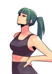  1girl absurdres black_pants green_hair hands_on_hips highres jujutsu_kaisen long_hair pants sideways_glance simple_background solo sports_bra timtam twitter_username white_background zen&#039;in_maki 