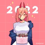  1girl absurdres birthday_cake blue_jacket cake chainsaw_man cross-shaped_pupils food grin hair_between_eyes highres holding holding_cake holding_food horns jacket long_hair looking_at_viewer off_shoulder pink_background pink_hair power_(chainsaw_man) red_horns shirt simple_background smile solo symbol-shaped_pupils timtam twitter_username white_shirt yellow_eyes 