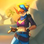  4_fingers abs absurd_res activision anthro bandicoot beach big_breasts blonde_hair blue_eyes blue_hair bra breasts clothing crash_bandicoot_(series) ear_piercing female fingers fur hair hexecat hi_res humanoid_pointy_ears mammal marsupial multicolored_body multicolored_fur multicolored_hair orange_body orange_fur piercing pirate_tawna scarf seaside smile solo tawna_bandicoot underwear video_games yellow_body yellow_fur 