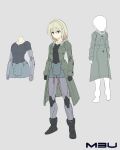  1girl absurdres android blonde_hair blue_eyes boots breasts character_doll doll_joints figure full_body grey_background highres ishiyumi joints long_coat mechanical_buddy_universe momdroid_(mechanical_buddy_universe) small_breasts solo toy 