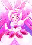  1girl animal_ears brooch cake_hair_ornament choker commentary cure_whip dress food-themed_hair_ornament fur-trimmed_sleeves fur_trim hair_ornament heart_brooch highres jewelry kirakira_precure_a_la_mode long_hair magical_girl pink_choker precure rabbit_ears senri_bunny solo symbol-only_commentary twintails usami_ichika white_dress wrist_cuffs 