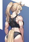  1girl absurdres animal_ear_fluff animal_ears arknights ass bangs black_sports_bra blonde_hair breasts from_behind highres horse_ears horse_girl horse_tail long_hair looking_at_viewer muscular muscular_female myown nearl_(arknights) ponytail solo sports_bra tail yellow_eyes 
