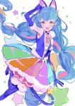 1girl animal_ears blue_choker blue_gloves blue_hair brooch cat_ears cat_tail choker cure_cosmo fur-trimmed_gloves fur_trim gloves highres jewelry long_hair magical_girl multicolored_clothes multicolored_skirt open_mouth precure rainbow_skirt seika_(yuimarutoka0219) skirt sleeveless smile solo star_brooch star_twinkle_precure tail tail_ornament tail_ring twintails yellow_eyes yuni_(precure) 