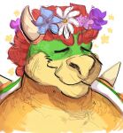  bowser eyes_closed flower flower_crown hair horn koopa legendfromthedeep male mario_bros nintendo plant red_hair scalie smile solo spikes video_games 