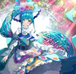  1girl absurdres belt blue_eyes blue_hair cure_spicy cure_spicy_(party_up_style) delicious_party_precure earrings frilled_sleeves frills fuwa_kokone highres huge_bow jewelry long_hair long_sleeves magical_girl precure side_ponytail smile solo very_long_hair yuutarou_(fukiiincho) 