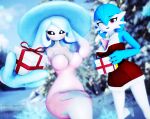  3d_(artwork) big_breasts black_sclera blue_hair bow_(feature) breasts christmas clothing digital_media_(artwork) dress female gardevoir generation_3_pokemon generation_8_pokemon gift gift_box hair hatterene hi_res holidays humanoid looking_at_viewer malicekira mmd nintendo not_furry one_eye_closed pokemon pokemon_(species) red_eyes shiny_pokemon smile video_games white_body wink 